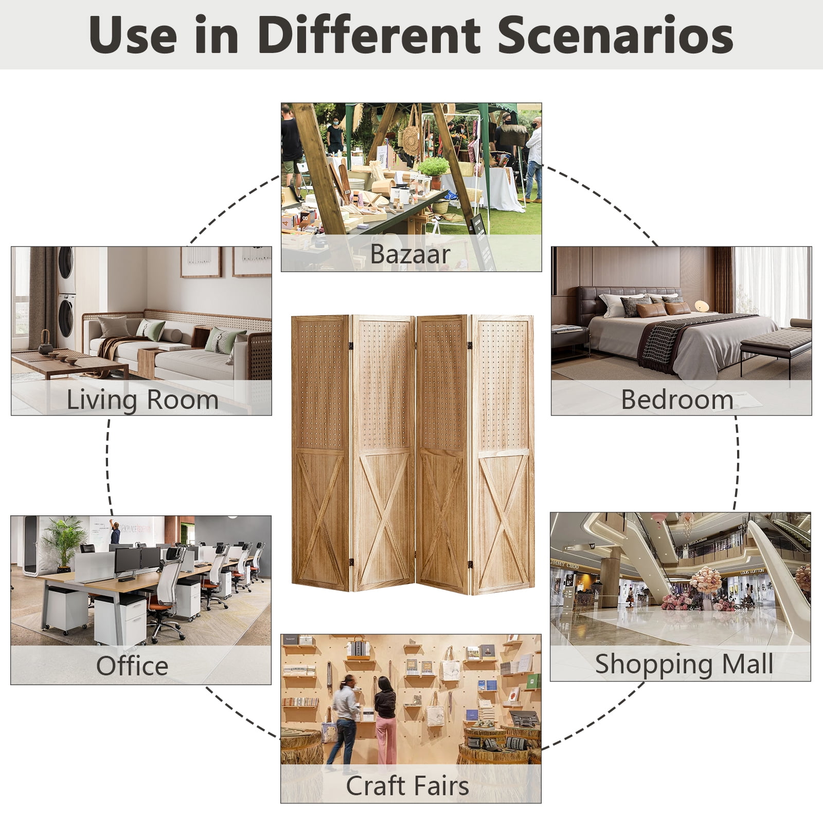 Aletheiawu 4 Panel Wood Room Divider Folding Privacy Screens, No Installation Required, Light Brown