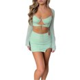 thumbnail image 2 of Mujer conjuntos de falda de verano, manga larga encogimiento de hombros Camisola Hollow Out Tie-Up Sujetador de cintura alta Mini faldas acanaladas. Nituyy Conjunto de falda verde para salir, 2 of 5