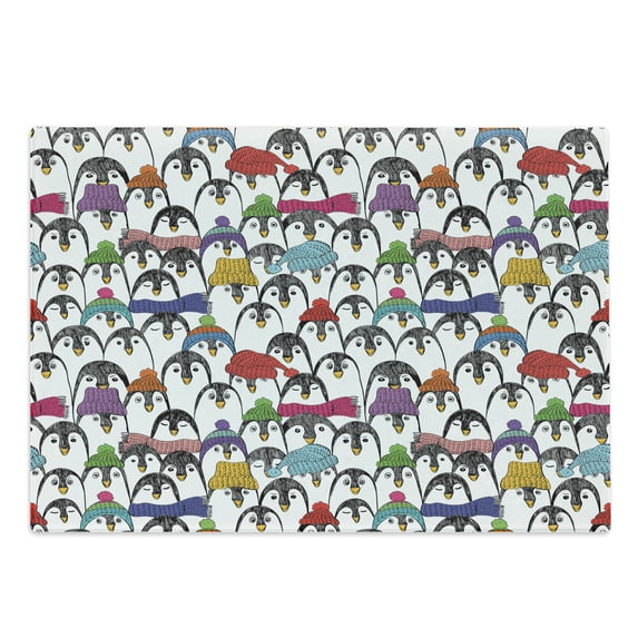 Sea Animals Cutting Board, Pattern Penguins in Colorful Hats and Scarfs Cold Winter Fun Art, Decorative Tempered Glass Cutting and Serving Board, Large Size, Multicolor, by Ambesonne
