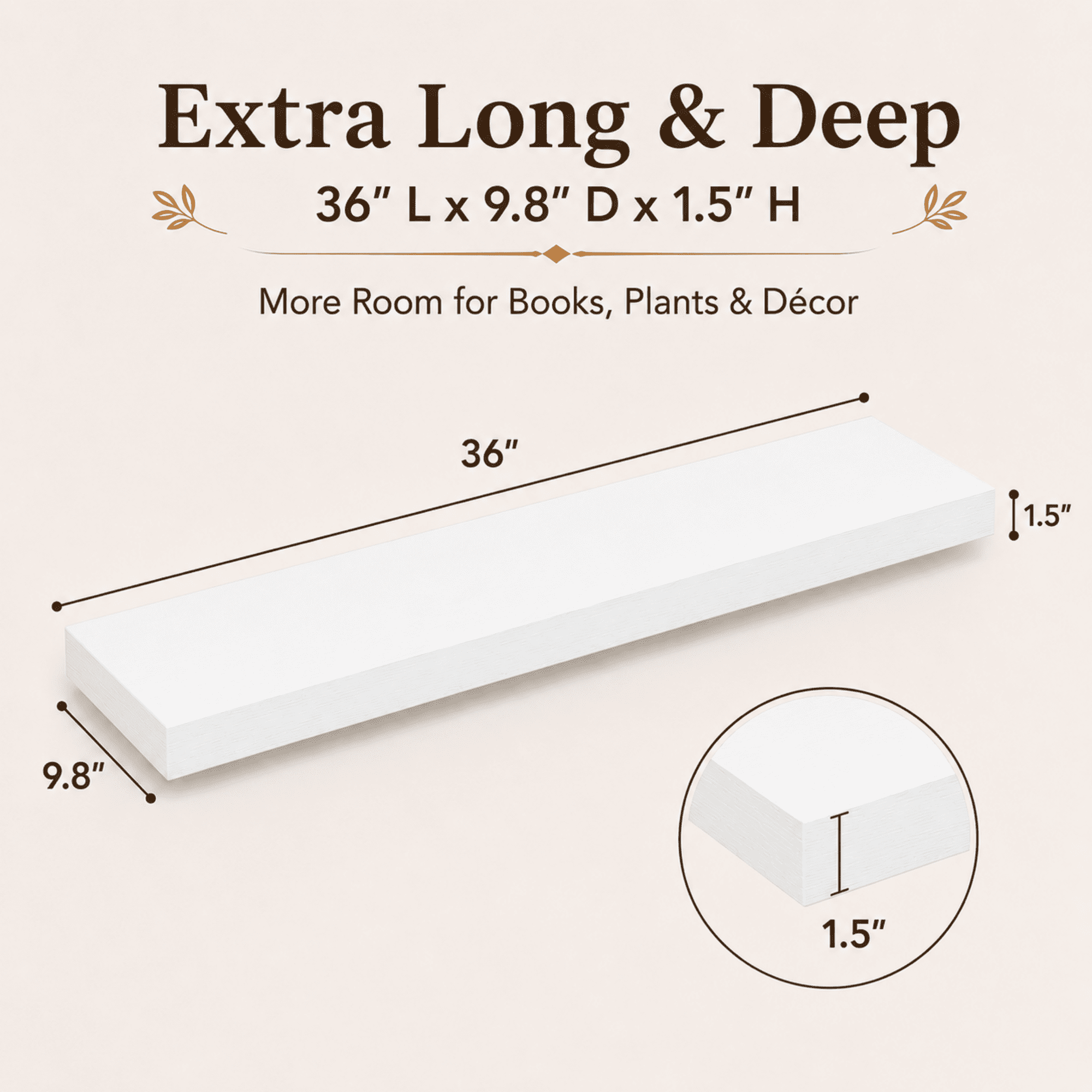 MEHOOM 36" Rustic Solid Wood Floating Shelves for Wall Set of 2, White Book Shelves,Wall Shelves for Bathroom,Bedroom,Living Room,Kitchen,Study Room, Kids Room, Farmhouse Decor