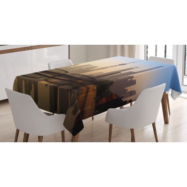 Ambesonne Scenery Tablecloth Rectangular Table Cover, Shanghai Morning View, 60"x90", Blue Brown