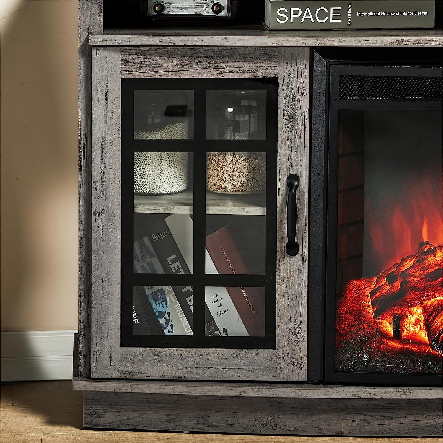 VANACC TV Stand with 26" Fireplace, 63" Entertainment Center with Fireplace', Wash Gray