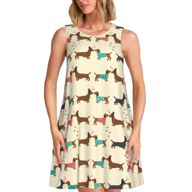 Fotbe Dachshund Dog Vestido de Verano sin Mangas para Mujer – Vestido Midi Línea A, Estilo Camiseta Floral, Vestido Playero Casual y Fluido