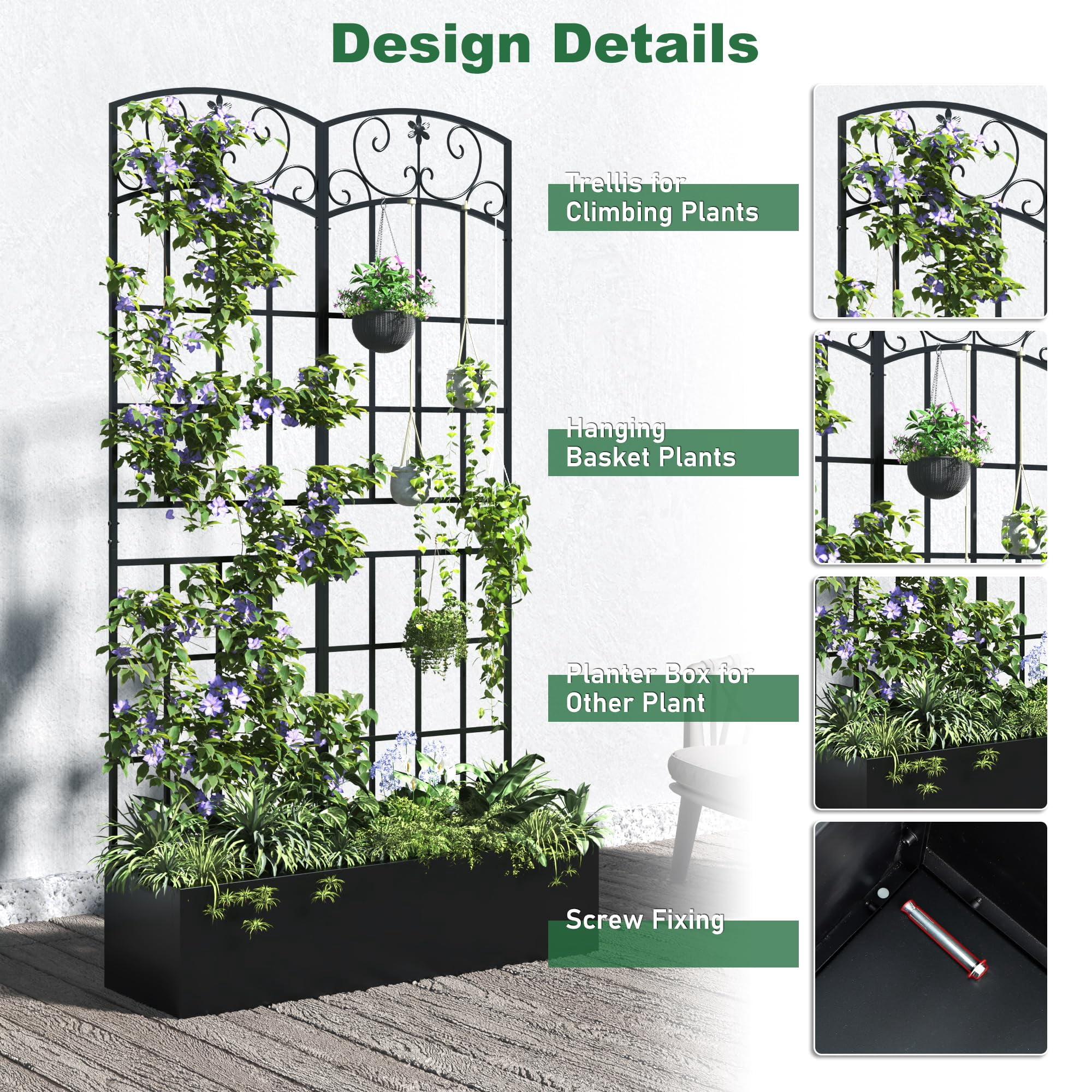 ANPOO Metal Raised Garden Bed with Trellis, 70.9"x40.4"x11.8" Outdoor Planter Box with Drainage Holes, Black Privacy Screen for Climbing Plants, Patio & Balcony