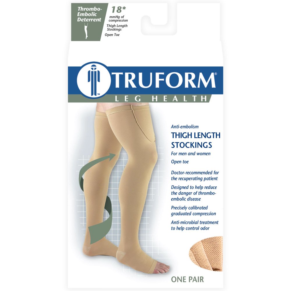 Truform Surgical Compression Stockings, Thigh High, Open Toe, Beige, S