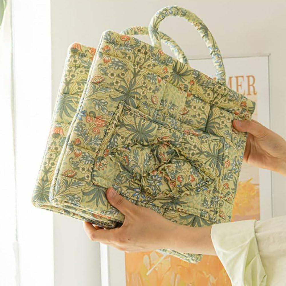 Boho Fabric Storage Basket, Boho Floral Laundry Baskets, Collapsible Bohemian Style Puffer Quilted Tote, Large Capacity Spring Vintage Storage Bag Organizer with Handle & Front Pocket