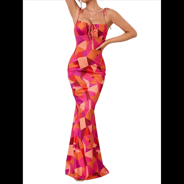 Vestido Maxi Ajustado de Verano para Mujer, Informal, con Tirantes Finos, Sin Mangas, Espalda Descubierta, Abertura Alta, . Rojo M