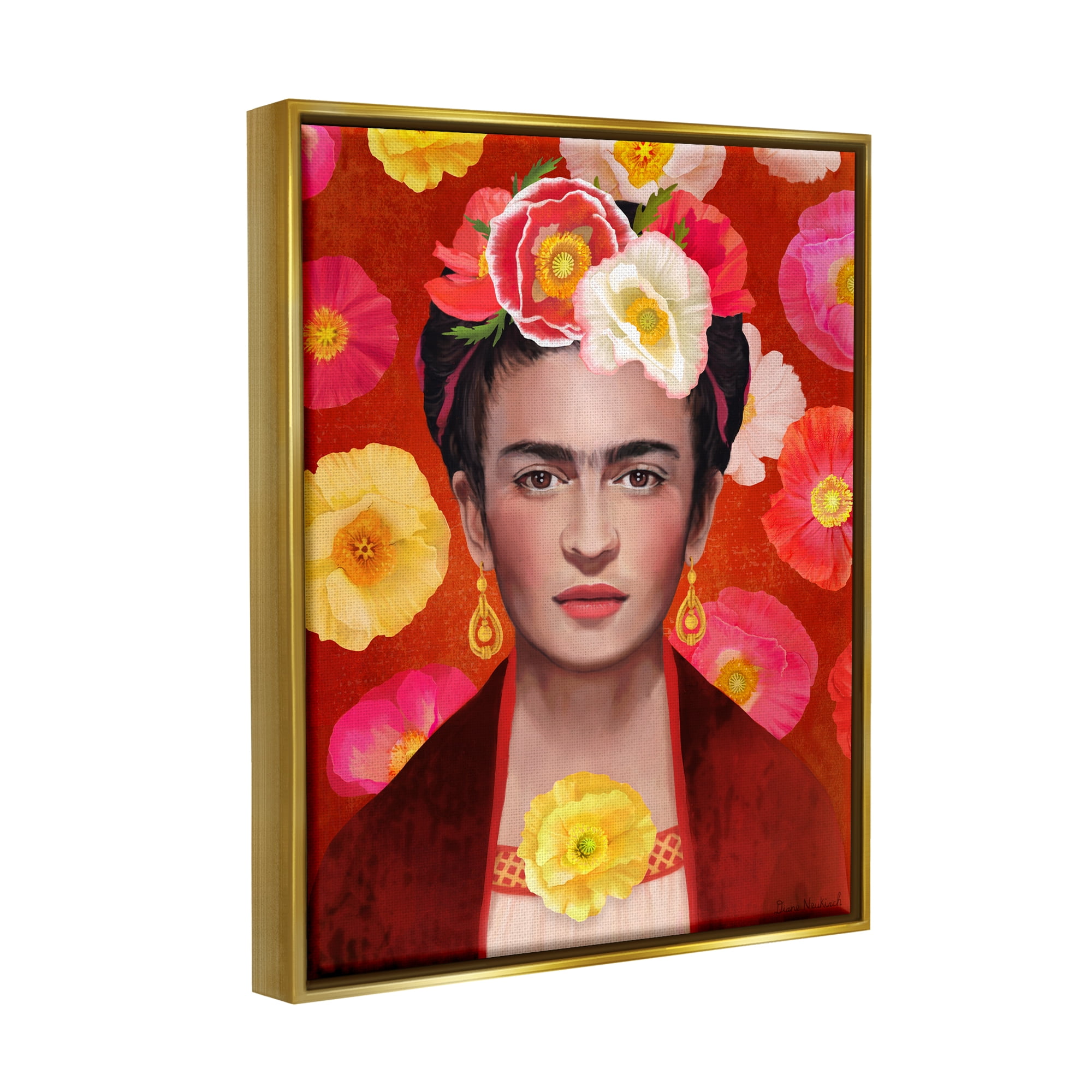 Stupell Industries Bold Frida Kahlo Portrait Floral Poppies Pattern Painting Metallic Gold Floating Framed Canvas Print Wall Art, Design by Diane Neukirch