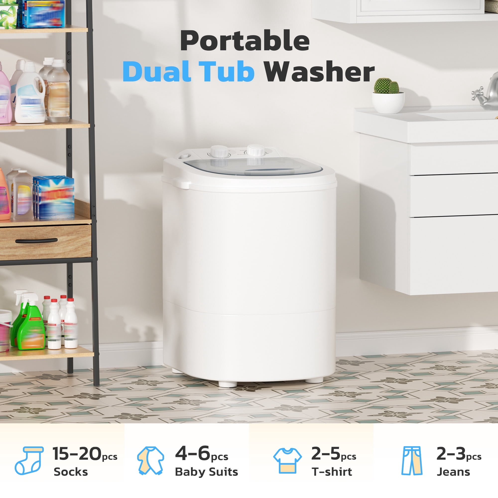 SOLAURA 6.6lbs Portable Washing Machine, Single Tub Small Laundry Washer with Spin Basket, Semi-automatic Washer for Home, Apartment, RV, Dorm & Outdoor (Grey White)