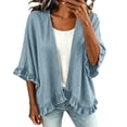 thumbnail image 2 of Miqool Womens Ruffled Denim Cardigans Open Front Lightweight 3/4 Sleeve Casual Trendy Jean Jackets Outerwear, 2 of 9