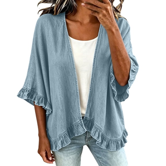 Cmfcve Women's Denim Jacket Open Front Vintage Jean Jackets 3/4 Ruffled Sleeve Lightweight Denim Cardigan