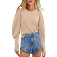 thumbnail image 3 of TKLPEHG Women Tops Dressy Casual Crew Neck Pullover Tops Loose Lightweight Classic Solid Color Fashion Leisure Comfy Long Sleeve Blouse (Khaki,S), 3 of 7