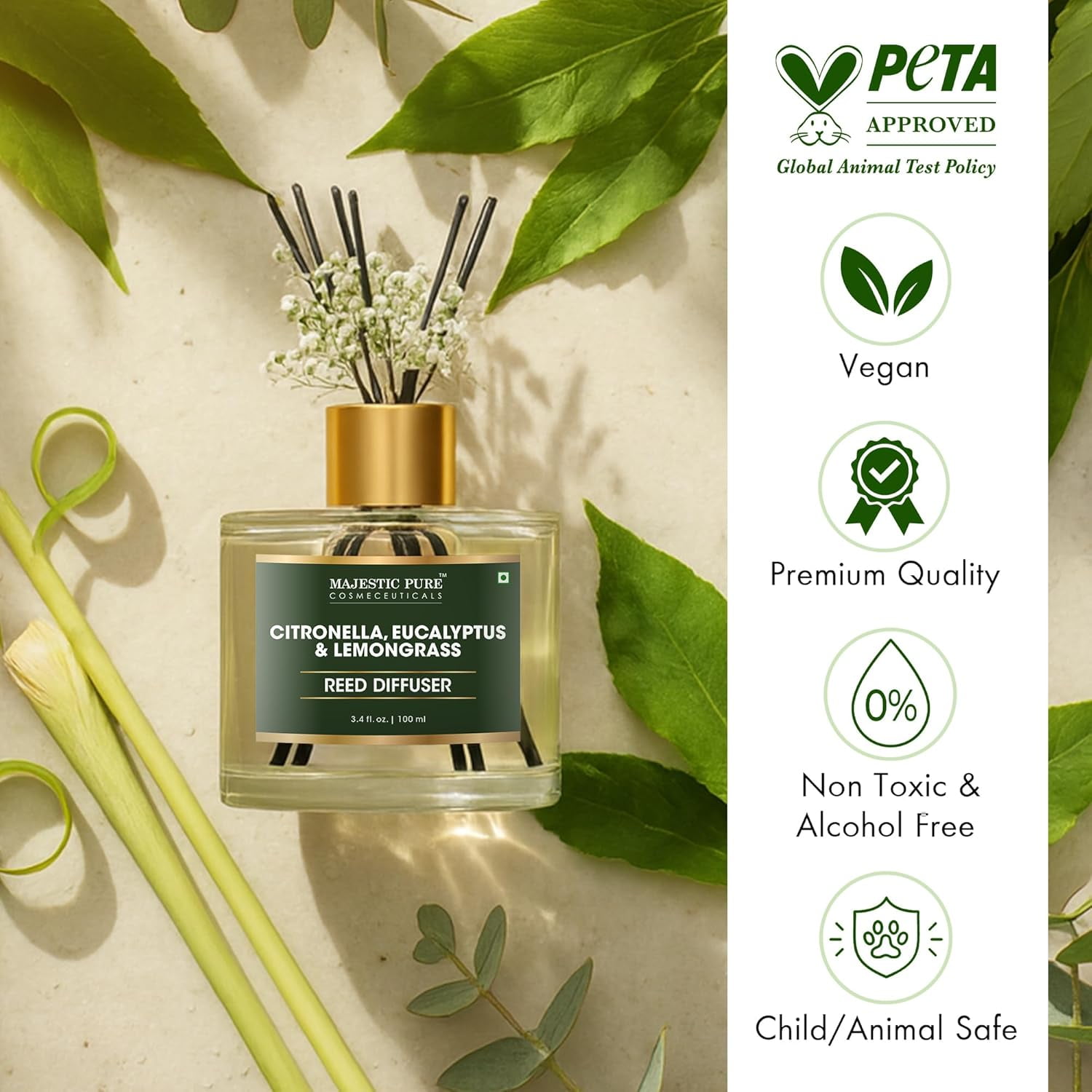 Citronella, Eucalyptus & Lemongrass Reed Diffuser for Home, Bathroom & Office | Natural Aromatherapy Air Freshener with Reed Sticks & Dried Flower 3.4 fl oz