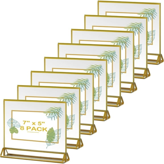 8 Pack Acrylic Sign Holder Gold Borders,7 x 5 Gold Table Number Holders Horizontal Stand,Double Sided Clear Picture Frames,Table Menu Display Stand for Wedding Office Desktop Photos Display