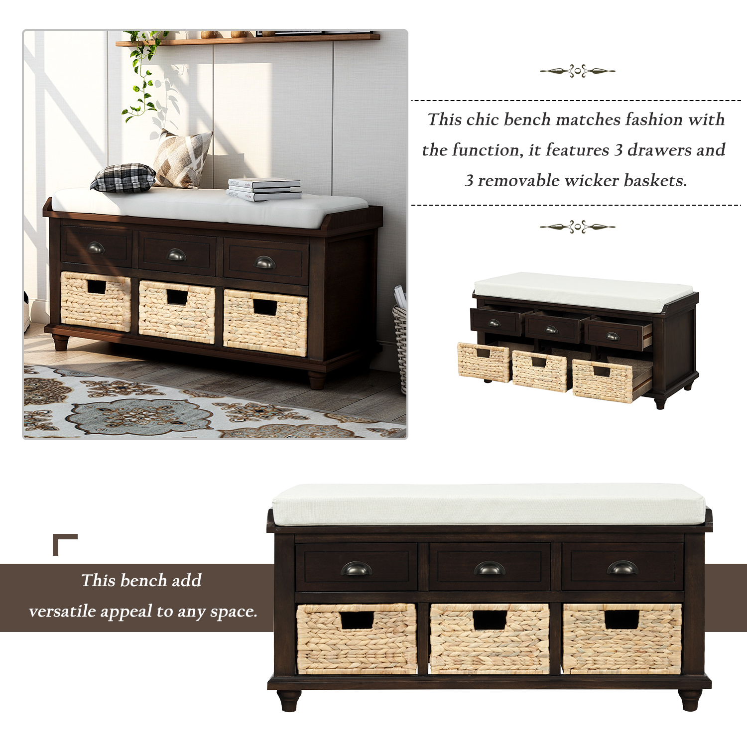 Aukfa Wood Storage Bench with 3 Drawers & 3 Rattan Baskets for Bedroom Living Room,Espresso