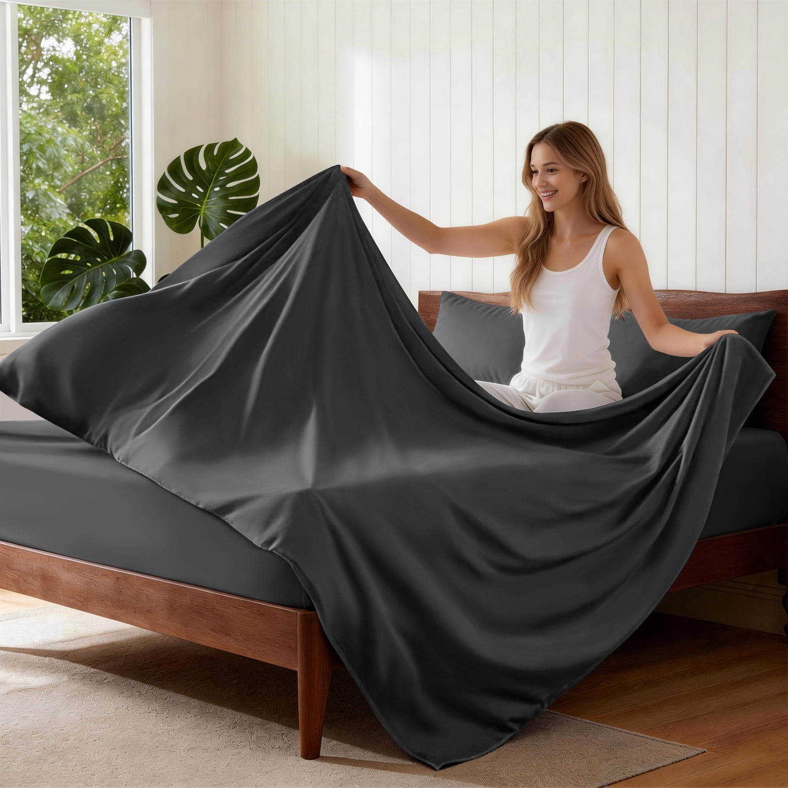 EMONIA Queen Bed Sheet Set 4-Piece with 14" Deep Pocket, Hotel Luxury Super Soft & Breathable Polyester Washed Cotton Fabric (Dark Gray)