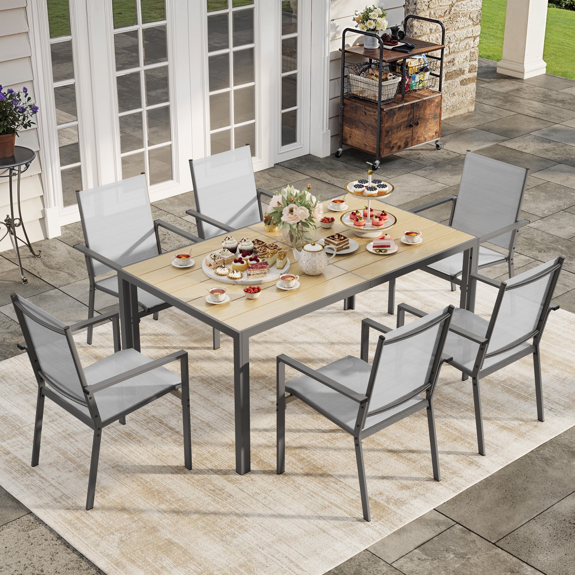 Patio Dining sets for 6, Noelse Outdoor Dining Set includes 59.5" Rectangle Table with Side Umbrella Hole and 6 Textilene Patio Chairs for Backyard, Gray