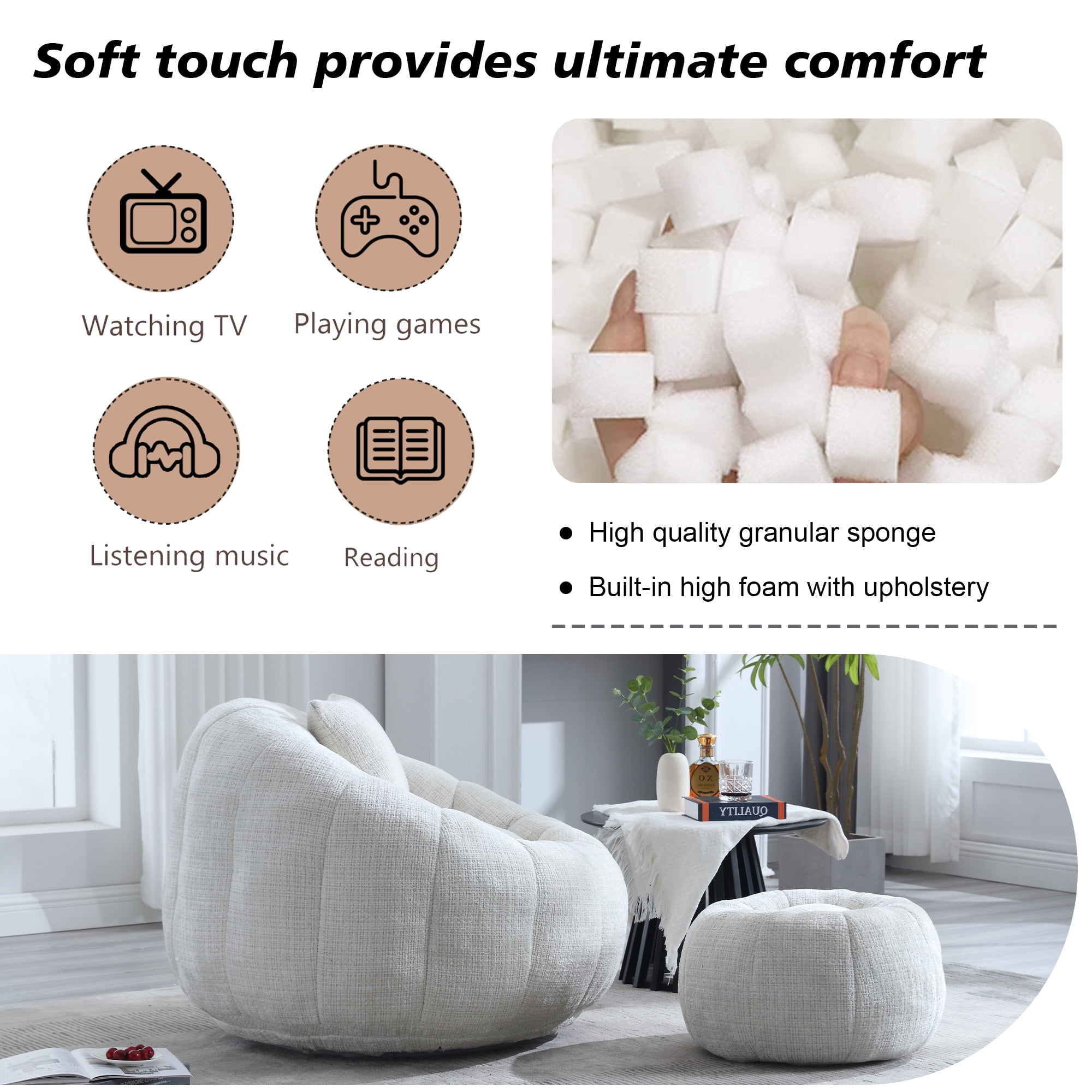MOONMISS Chenille Upholstered Round Lazy Cozy Bean Bag Chair with Ottoman-BEIGE