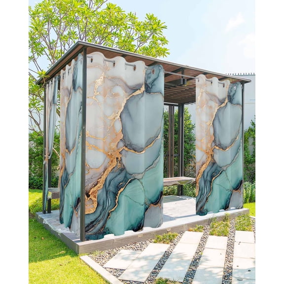 Outdoor Curtains for Patio, Marble Waterproof Blackout Outside Curtain for Porch/Pergola/Gazebo, Turquoise Gray Blue Gradient Modern Geometric Thermal Insulated Drapes, 2 Panels, 54 x 95 Inch