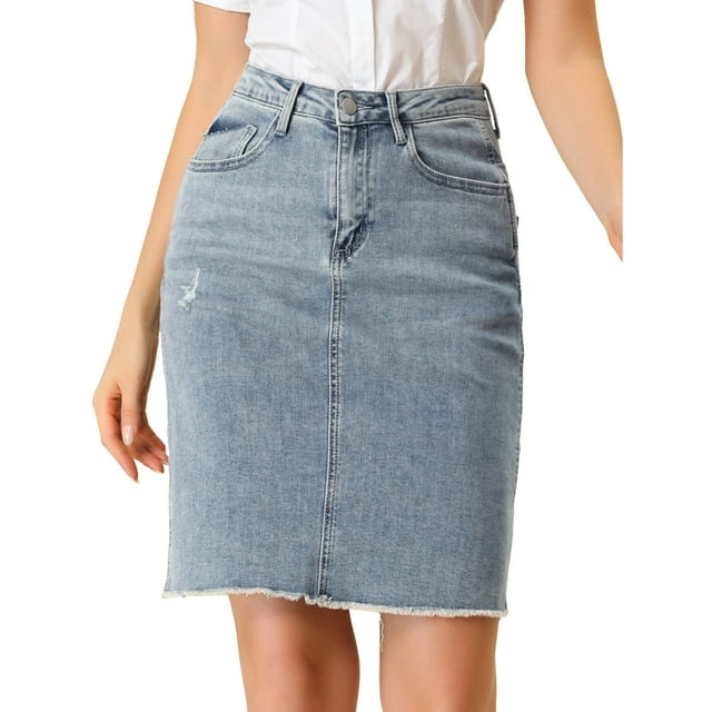 INSPIRE CHIC Falda Vaquera Midi Básica Desgastada De Cintura Alta Con Dobladillo Rasgado Y Lavado Para Mujer Azul M
