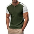 thumbnail image 2 of BiZtdJrK Mens Waffle Henley Shirt Raglan Short Sleeve Casual Button Tshirt Color Block Knitted Pullover Tops Stretch Workout Shirts Army Green XXL, 2 of 7