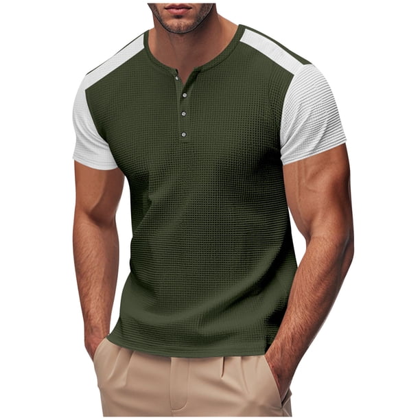 Playera Elvqul de Hombre Liso Verde del Ejército Manga Corta Economicas Botones Cuello Redondo