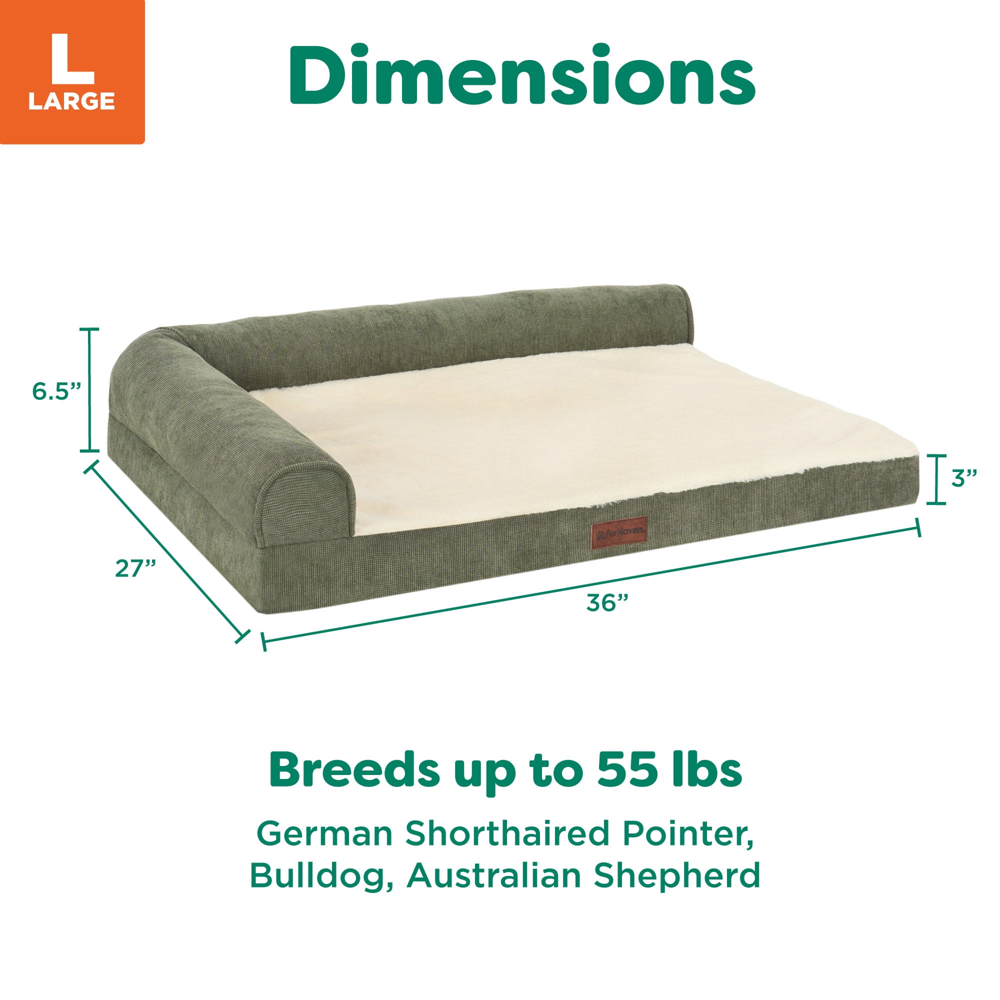 FurHaven Large (36"x27") Cooling Gel Dog Bed – Plush & Grid Cord L-Shaped Chaise Lounge Pet Bed, Removable Washable Cover, Olive