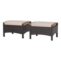 Outdoor Wicker Ottomans for Patio - 2 Pieces PE Rattan Ottoman, Footrest Seat with Zippered Cushions, Acacia Wood Handles, 3-in-1 Footstool, Side Table for Poolside, Backyard (Brown)