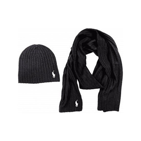 Ralph Lauren Polo Men's Hand Wash Only Lambswool Blend Hat & Scarf Set, Black (2 per Pack)