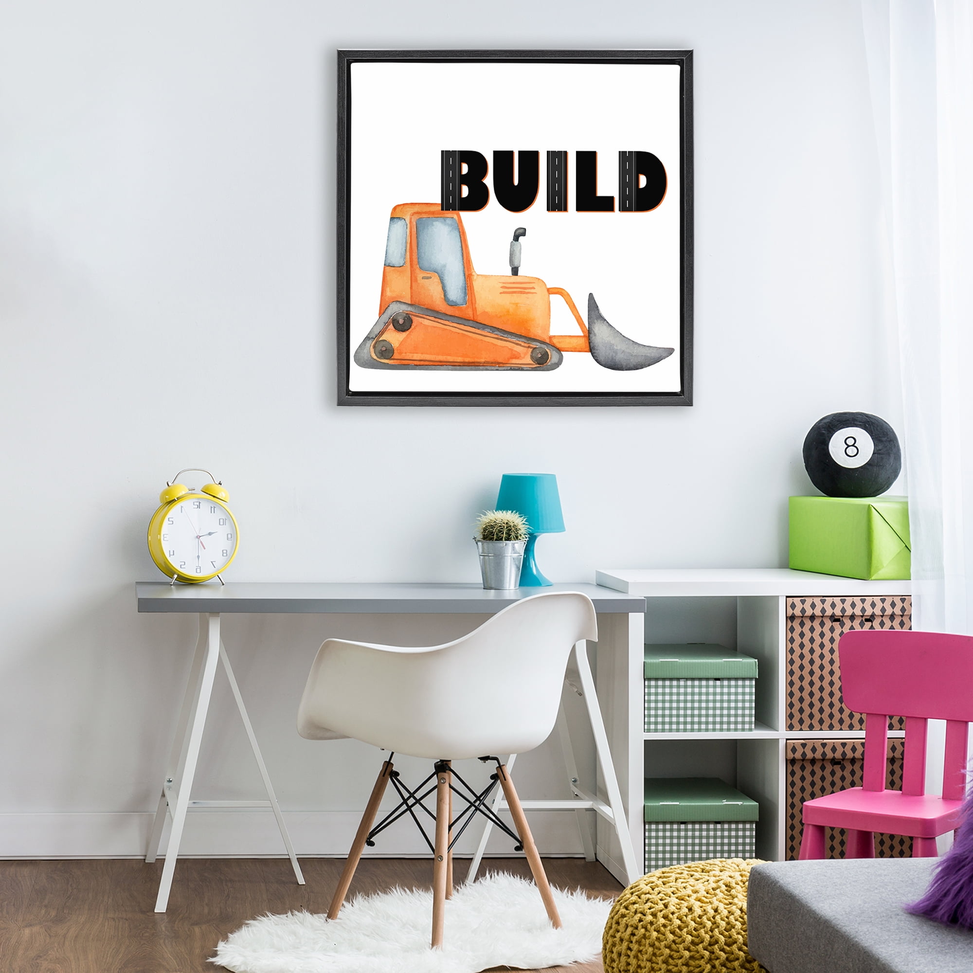 Build with Orange Bulldozer Black Framed Floater Canvas Wall Art, design by Kim Allen
