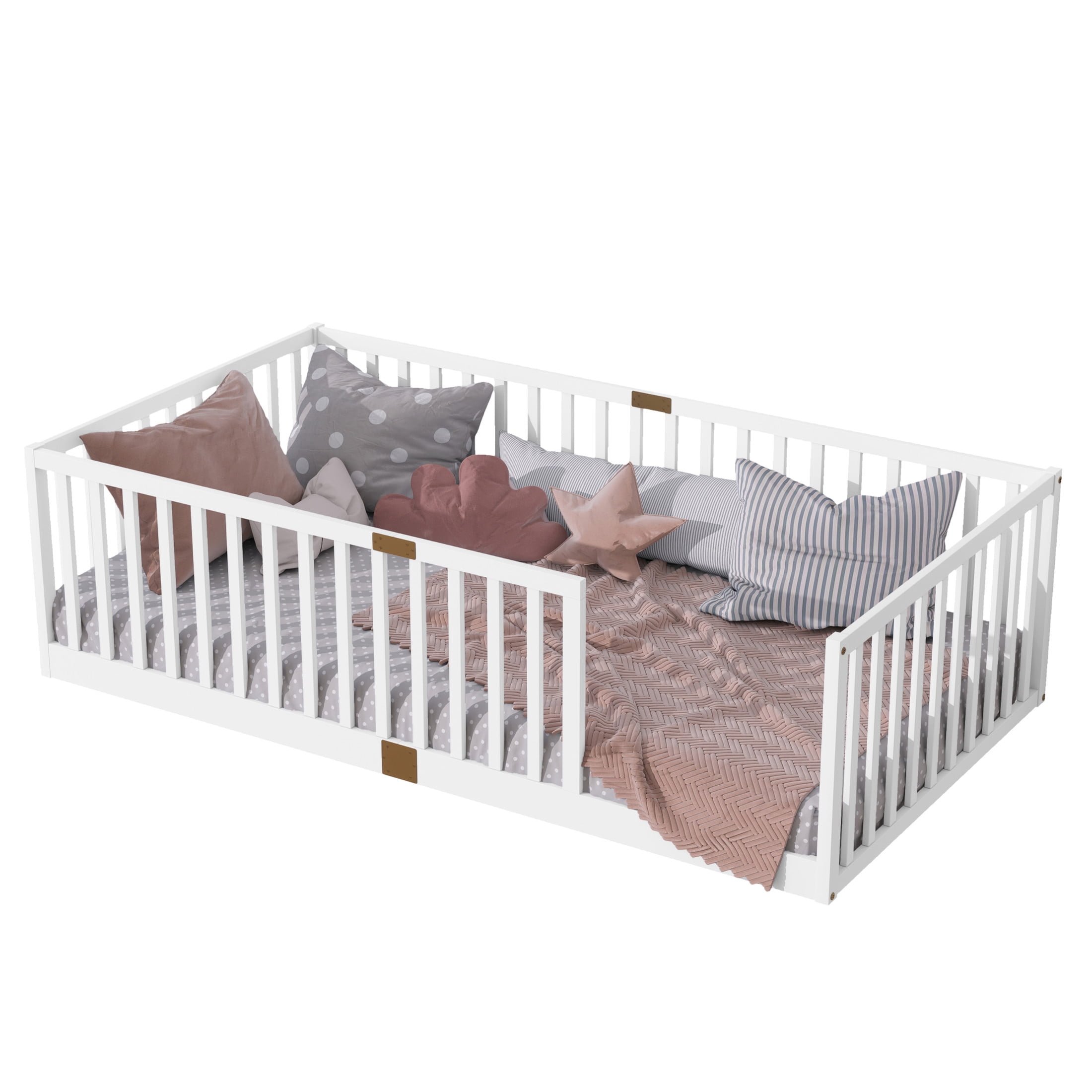 Noble House Alista Twin Size Rubber Wooden Floor Bed with High Safety Fence Guardrails, White
