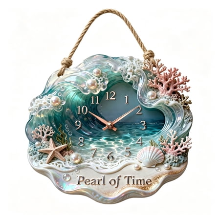 MMJ Wall Clock Pearl of Time Shell Design Silent Non Ticking Battery Operated Beach Themed Nautical photo MMJ Wall Clock Pearl of Time Shell Design Silent Non Ticking Battery Operated Beach Themed Nautical