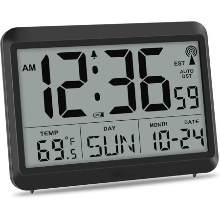 Atomic Digital Wall Clock Battery Operated, Self-Setting Large Display with Temperature, Date & Day of Week, Silent Wall Mount Clock with 4 Time Zones & DST