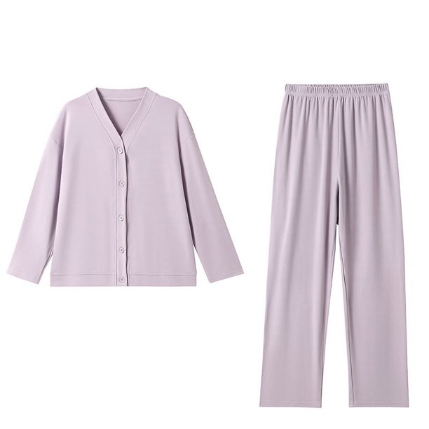 Pijamas de mujer otoño e invierno engrosados para exteriores, ropa informal para el hogar, color sólido, cárdigan simple, manga larga, pantalones rectos elásticos para mujer