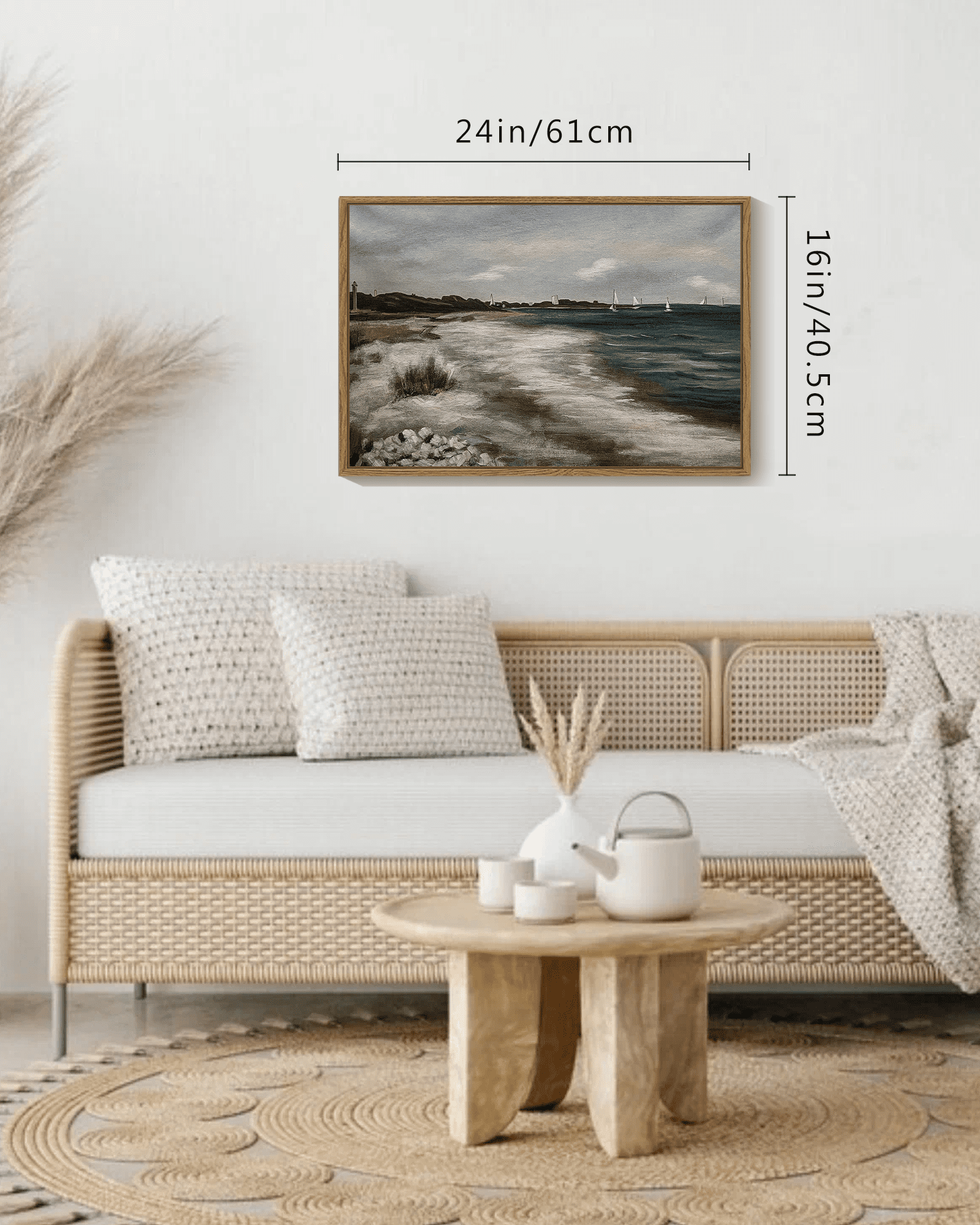 Drsoum 16x24in Coastal Wall Art Vintage Classical Ocean Painting Rural Hallway Bedroom Living Room Farmhouse Room Decor - Natural Framed