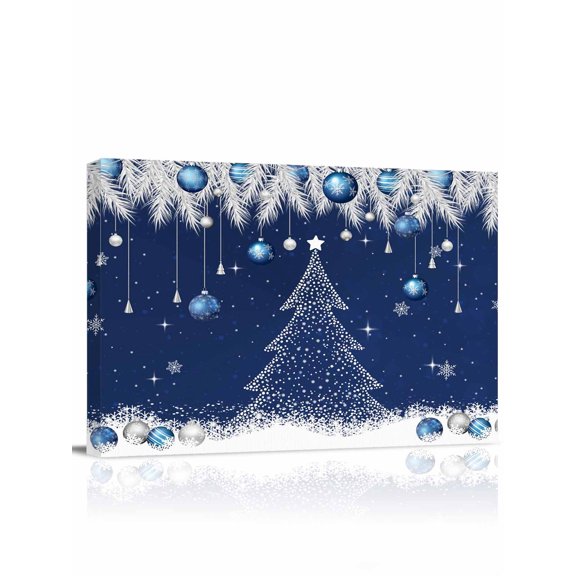 Christmas Tree Navy Ball Canvas Print Wall Art White Pine Branch Winter Snowflakes Dark Blue Pictures Painting Morden Artwork for Living Room Bedroom, Ready to Hang - 12"x16"