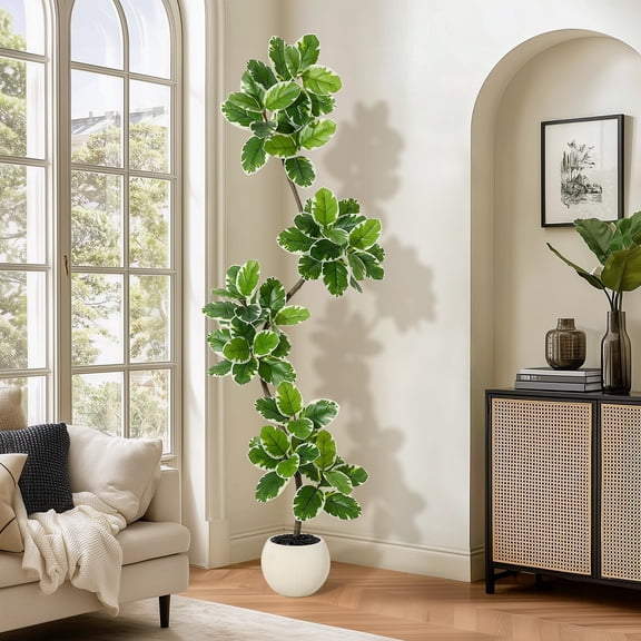 5/6/7ft Artificial Fiddle Leaf Fig Tree, Faux Rubber Tree with Sphere Planter, Tall Indoor Plants with Moss for Home, Living Room, Office, and Décor
