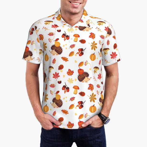 Fotbe Autumn Maple Leaf with Hedgehog Camiseta Polo de Golf para Hombre con Estampado – Camisa Deportiva Transpirable con Cuello Abotonado-XX-Large