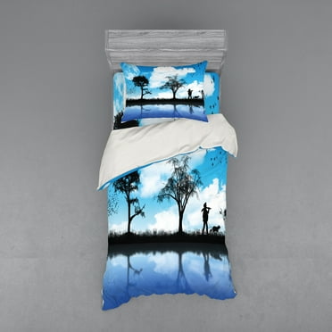 Ambesonne Nature Bedding Set 3 Pcs, Man Dog Lake Tree Moon, Twin, Sky Blue Black White