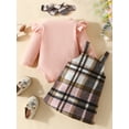 thumbnail image 3 of Suealasg Baby Girl Fall Skirt Outfits Long Sleeve Romper +Plaid Overall Dress +Headband Set 3M 6M 9M 12M 18M Toddler Girl 3 Piece Autumn Party Clothes, 3 of 9