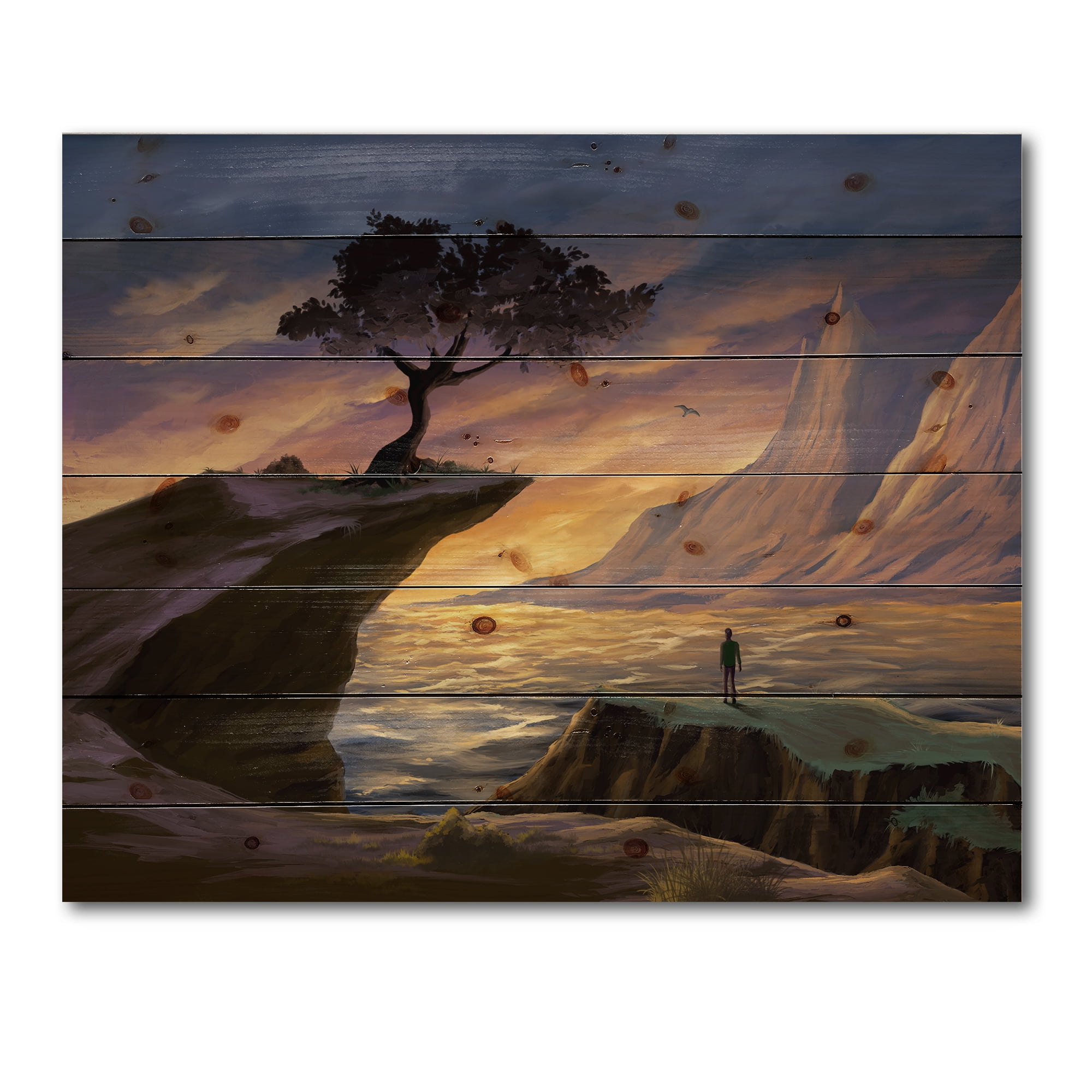 Designart 'Tree On A Sea Cliff At Evening Light' Lake House Print on Natural Pine Wood