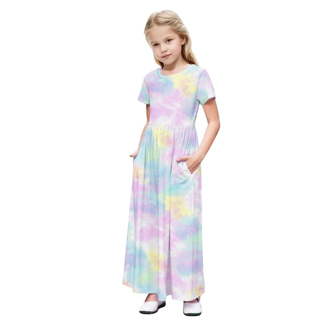 Robe à Manches Courtes Longueur Cheville pour Filles - Robe Maxi Décontractée pour Filles, Élégante et Simple
