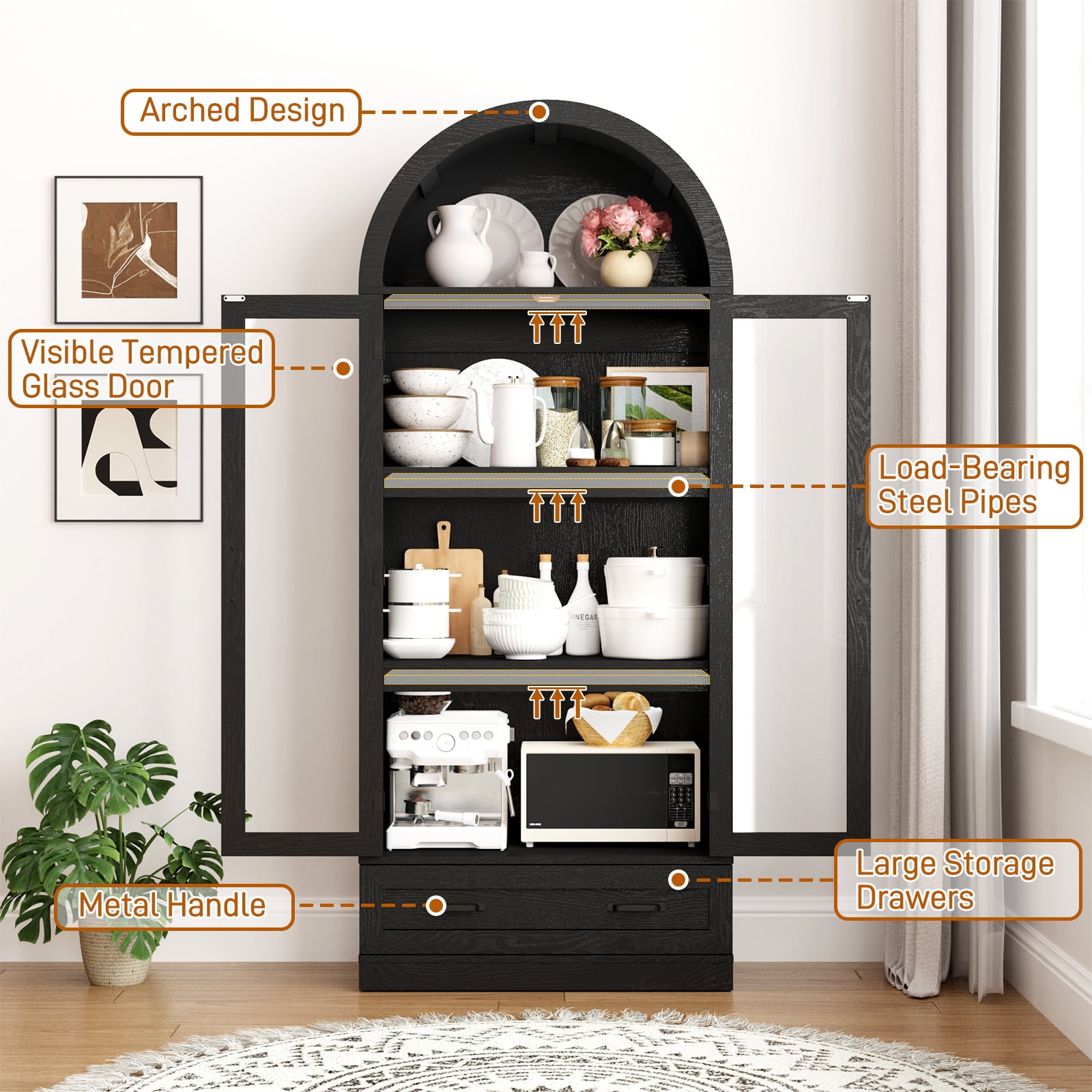 Blotout 75" Tall Arched Kitchen Pantry Storage Cabinet, Farmhouse Wood Pantry Arched Cabinet with Drawer, Glass Door and Load-Bearing Steel Pipe for Dining Room Living Room
