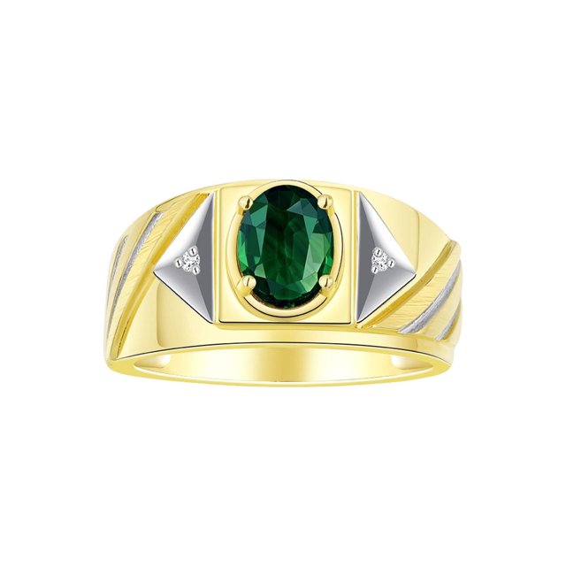 RYLOS Men's Rings Yellow Gold Plated Silver Rings Classic Designer Style 8X6MM Gemstone & Diamond Ring Green Sapphire Birthstone Rings For Men Size 11