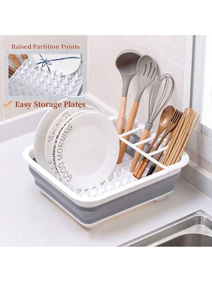 1pc Plastic Dish Rack, Collapsible Dish Drying Rack With Utensil Holder, Foldable Tableware Storage Rack, Kitchen Storage Basin, Space-Saving Sink Drainer For Home, RV