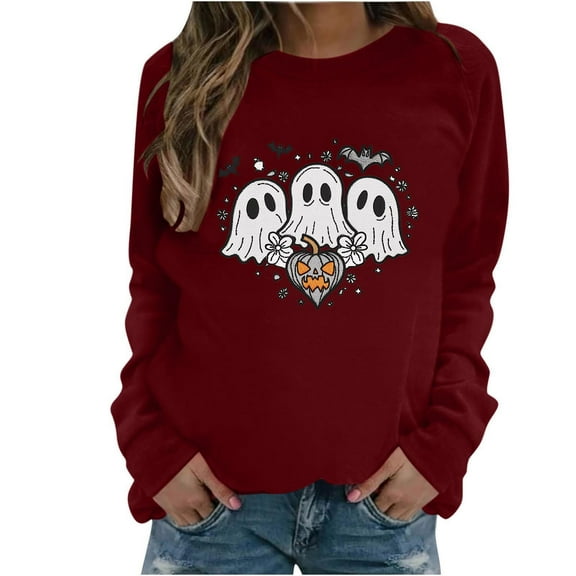 Raeneomay Long Sleeve Shirts for Women Womens Solid Color Cute Halloween Ghost Print Long Sleeved Round Neck Top/Shirt