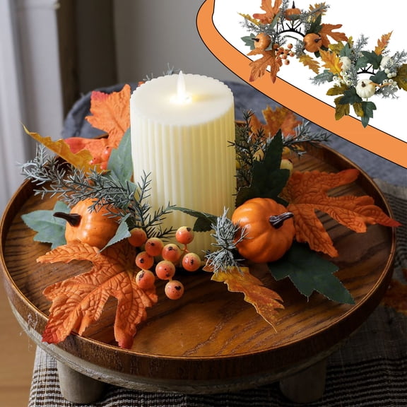 PALIFEUR Pumpkins Candle Rings Wreaths with Maple Leaves, Candle Rings Fall Decor, Reusable Artificial Candle Holders Wreath for Thanksgiving Halloween Table Centerpiece Decorations