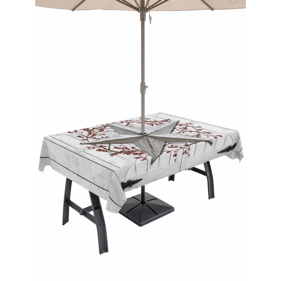 Outdoor Tablecloths with Umbrella Hole & Zipper, Texas Star Retro 54x80 Inch Tablecloth Rectangle, Vintage White Wooden Berry Waterproof Table Cloth, Patio/Pool/Picnic Table Covers