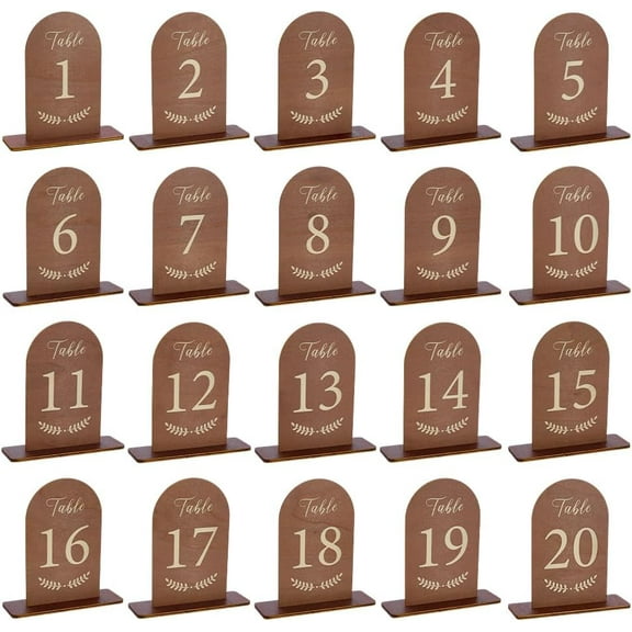 20 Pcs Wooden Wedding Table Numbers 1-20 with Stand Coconut Brown Double Sided Print Arch Table Number Sign with Holder DIY