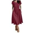 thumbnail image 2 of Ayolanni Dresses for Women Solid Crew Neck Elastic Waist Short Sleeve Midi A-Line Dress Swing Daily Modest Casual Cotton Linen Sundress with Pockets Red XXL, 2 of 8